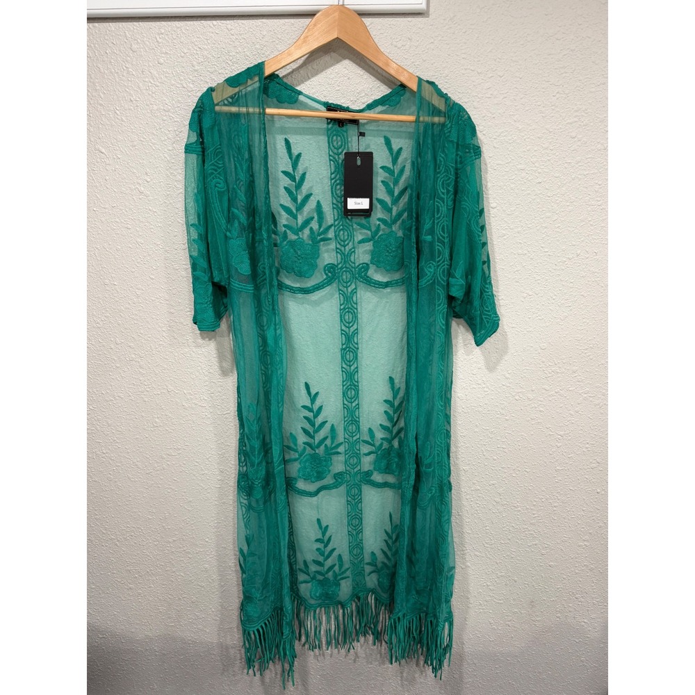 NWT Teal Floral Embroidered Mesh Fringe Kimono Duster L Boho Festival Cowgirl